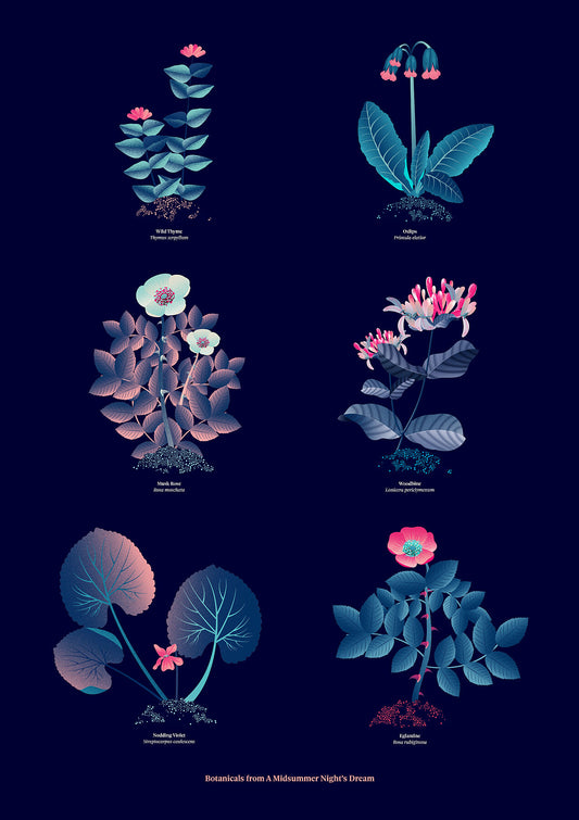 Floral art print 'The Forest's Flora' with ruby red, turquoise, and blue hues, inspired by Shakespeare's forest - Print Only.